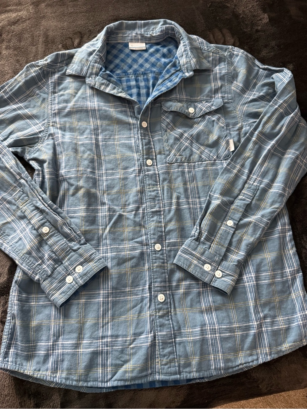 Men's Blue Plaid Long-Sleeve Button-Down Shirt outdoors fisherman camping - Picture 9 of 10